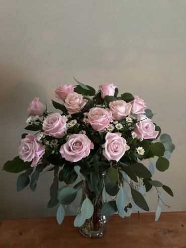 Pretty in Pink Dozen with Eucalyptus